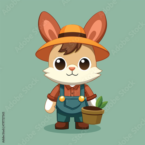 Chibi-style Rabbit Farmer Half-Side View Full-Length photo