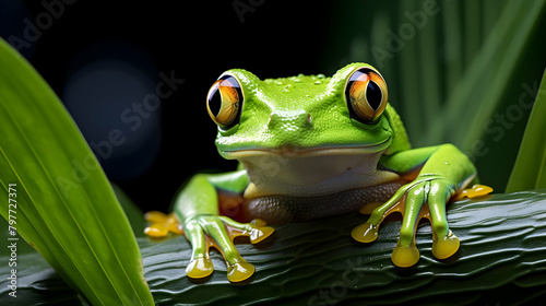 A frog with a black background and orange eyes sits on a branch
