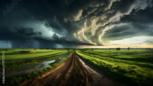 A storm over a field with a cloudy sky