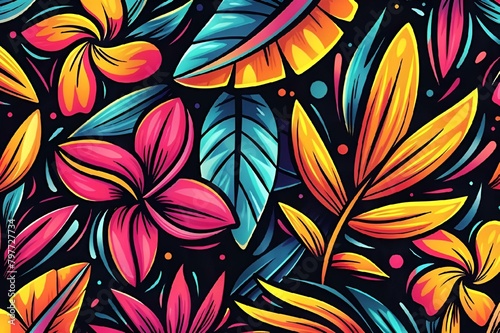 AI generated illustration of vibrant tropical leaves seamless pattern on black background