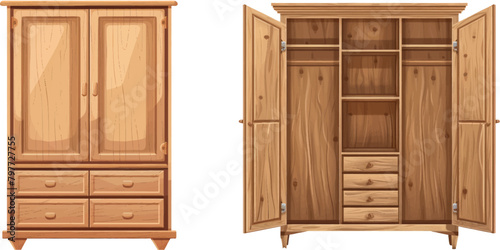 Wood wardrobe. Wooden empty dresser wardrobe vector illustration