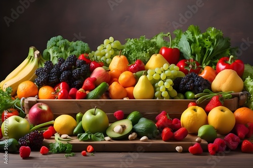 Various fresh fruits and vegetables arranged in a flat layer on a tabletop  including organic fresh veggies for a diet and healthful eating