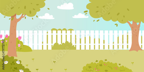 Garden backyard cartoon vector illustration. House yard with fence, green grass lawn, trees, flowers and bushes. Outdoor patio for BBQ parties. Summer and spring landscape