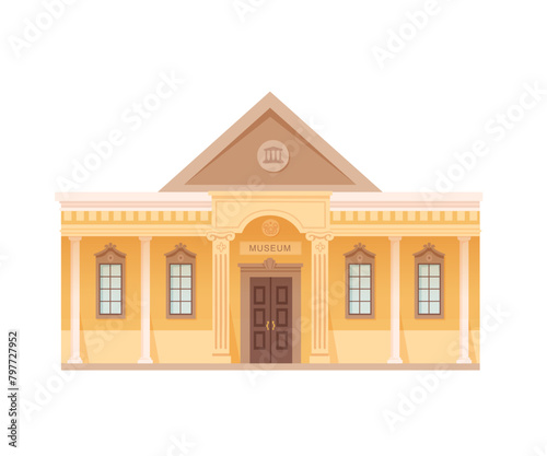 Museum building facade. Gallery entrance front view with columns. Cartoon vector illustration isolated on white background. Historical house in city center. Urban infrastructure infographics