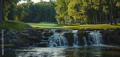 Tumbling waterfall cascading beside a challenging golf hole, nature's dynamic beauty.