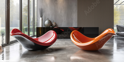 Edler schwarzer Sessel in rot mit futuristischer Form und Design als Produktfotografie, ai generativ photo