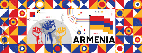 Armenia national or independence day banner for country celebration. Flag and map of Armenia with raised fists. Modern retro design with typorgaphy abstract geometric icons. Vector illustration photo