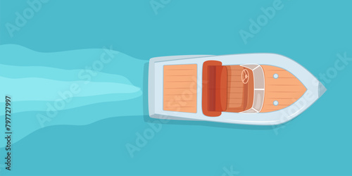 Top view sea boat vector illustration. Aerial view of speedboat. Water vessel. Speed maritime transport