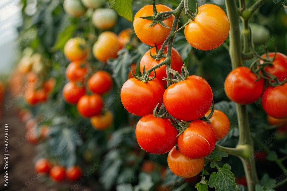 Farm greenhouse filled with dangling tomato branches Farm greenhouse filled with dangling tomato branches