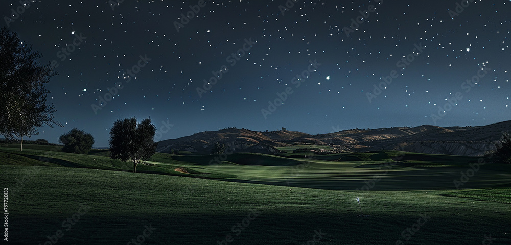 Twinkling stars dotting the night sky, illuminating the serene golfing landscape.