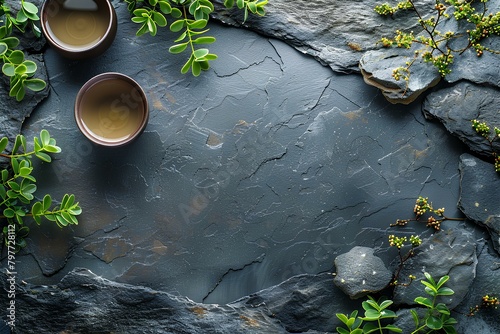 Two cups of tea on a slate surface with green leaves and flowers around them with a stone