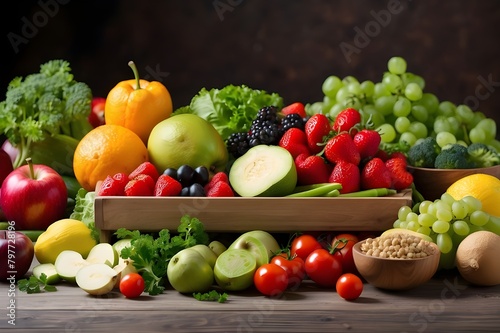 Various fresh fruits and vegetables arranged in a flat layer on a tabletop  including organic fresh veggies for a diet and healthful eating