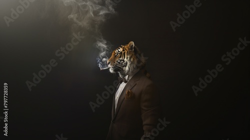 AI generated illustration of a tiger in a formal suit with smoke above its head