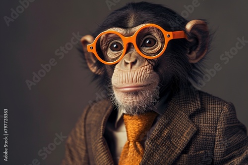 AI generated illustration of a chimpanzee wearing orange glasses and a matching tie