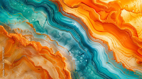 Fototapeta Naklejka Na Ścianę i Meble -  Ultra High Definition Warm Orange and Cool Blue Alcohol Ink Waves, Agate-Like Glossy Texture.