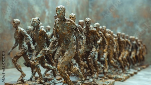 a dynamic scene where a sculpture seems to be moving forward  leading a crowd of live subjects  blending the stillness of the sculpture with the motion of the crowd to symbolize proactive leadership