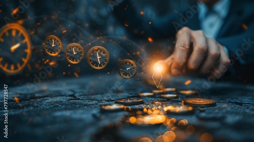 a leader arranging clocks in the shape of an arrow, pointing towards a bright light source, representing strategic planning and forwardthinking in time management photo
