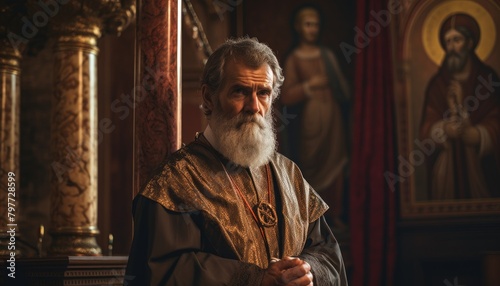 A man with a long white beard wearing a robe, depicted as a religious icon of the Apostle Paul in a church setting