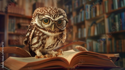 AI generated illustration of a wise owl with spectacles perched on an open book