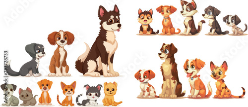 Pets growth stages. Little cat and dog characters