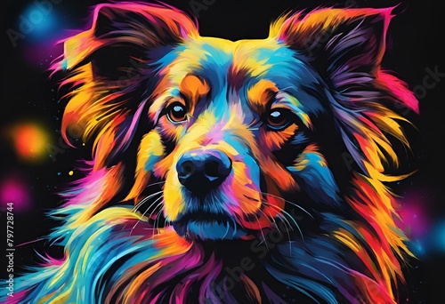 AI generated illustration of a rainbow dog illuminated by colorful lights in darkness
