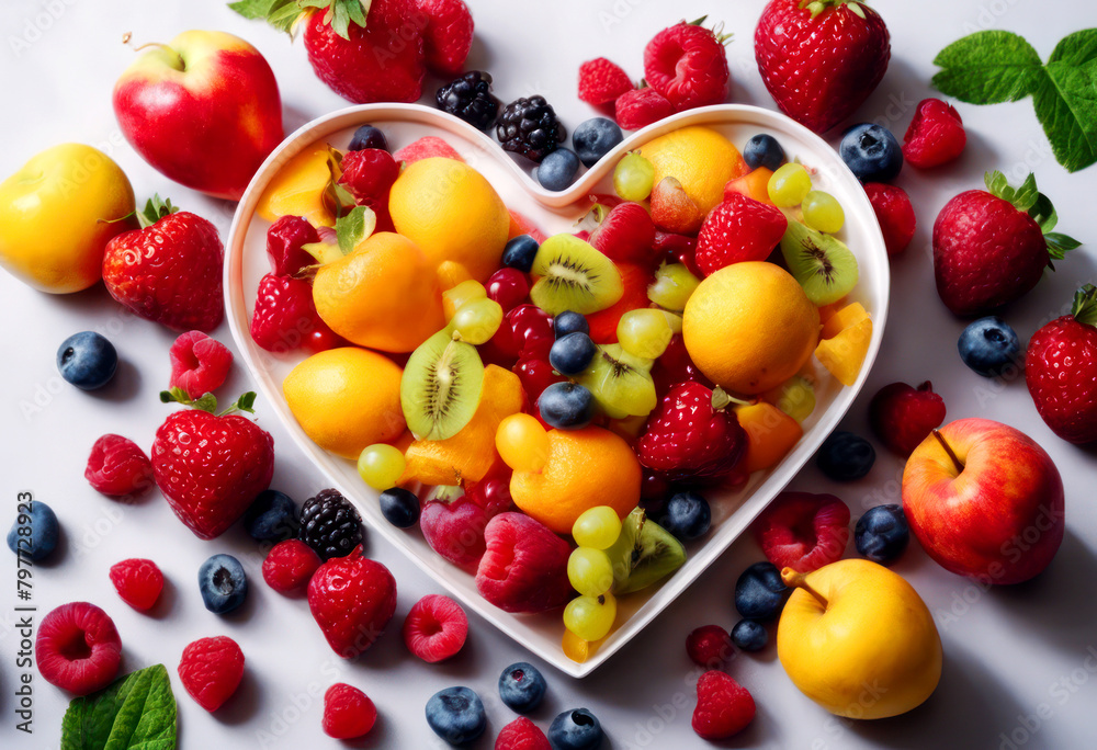 AI generated illustration of a large heart-shaped bowl filled with assorted fruits AI generated illustration of a large heart-shaped bowl filled with assorted fruits