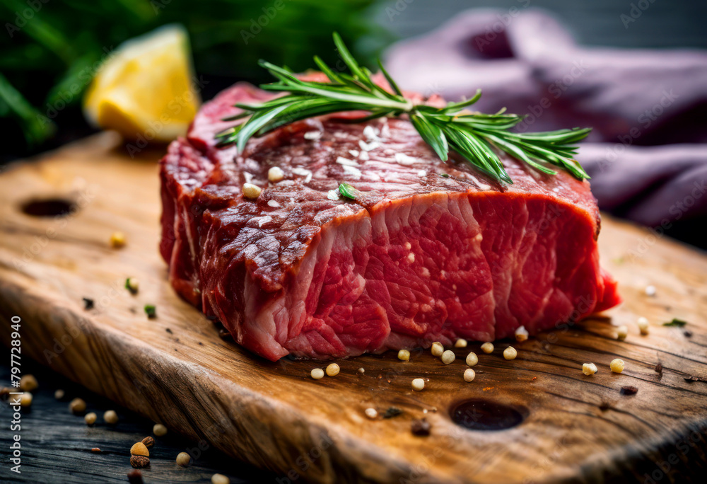 AI generated illustration of a raw steak on a wooden cutting board with herbs and peppercorns AI generated illustration of a raw steak on a wooden cutting board with herbs and peppercorns