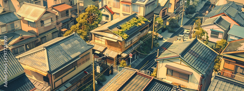 birdeye view of a utopian street with uniformed japanese houses, 1930s, retro color  photo