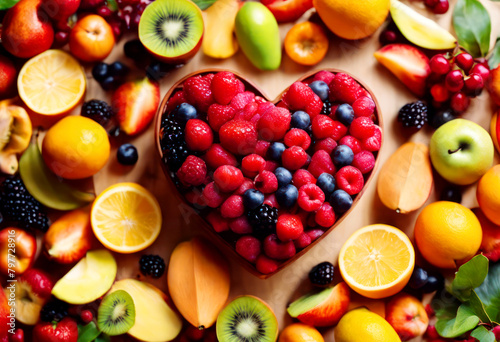 AI generated illustration of fresh fruits and berries in heart-shaped bowl