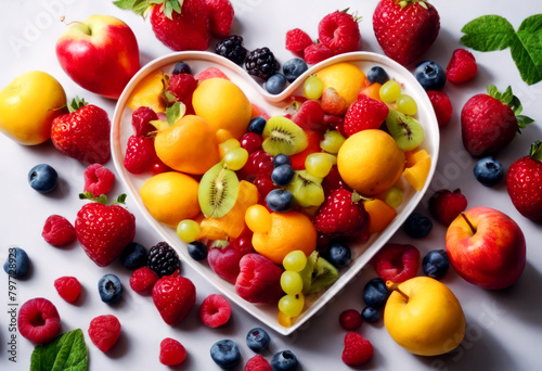 AI generated illustration of a large heart-shaped bowl filled with assorted fruits