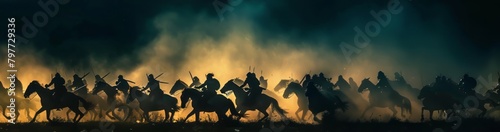 Medieval battle scene with cavalry and infantry. Silhouettes of figures as separate objects, fight between warriors on dark toned foggy background. Night scene. Selective focus © Otseira