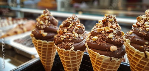 Gelato cones served with a sprinkle of crushed nuts and chocolate.