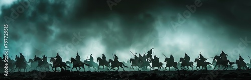 Medieval battle scene with cavalry and infantry. Silhouettes of figures as separate objects, fight between warriors on dark toned foggy background. Night scene. Selective focus photo