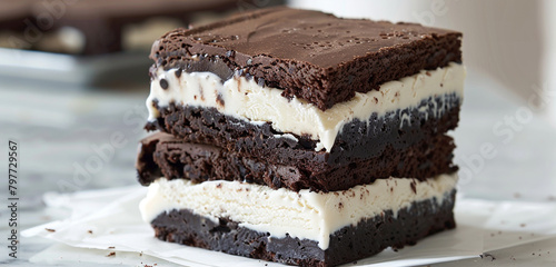 Ice cream sandwiches with layers of fudgy brownie and vanilla. photo