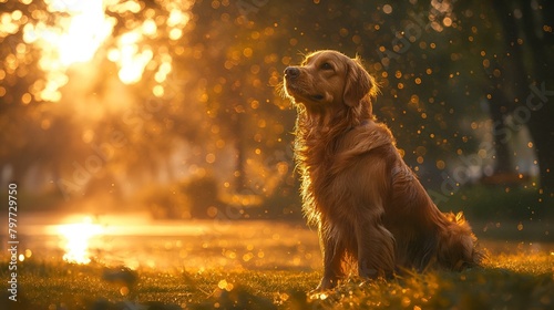 AI generated illustration of a golden retriever sitting by a lake in a lush green field