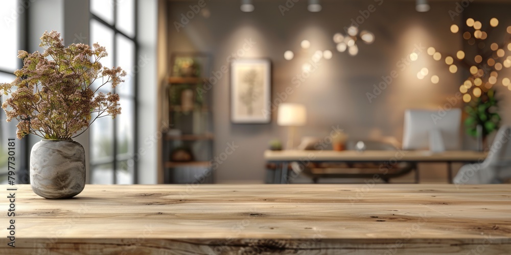  This is a photo of a wooden table with a vase of flowers on it. The table is in front of a window and there is a blurry background of a room with a desk and a chair.