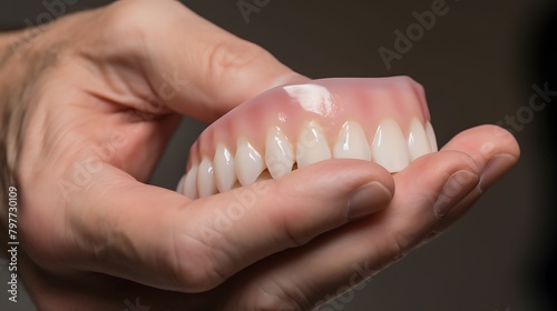 A close-up of a person's hand holding a dental veneer model, showcasing its thin, lifelike appearance for cosmetic enhancements