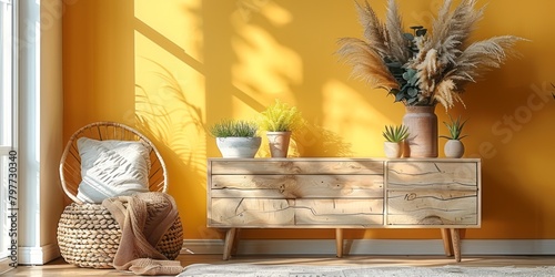  This is a living room with a yellow wall, a wooden console, a wicker chair, and a few plants. The room is decorated in a modern style with a few pops of color. 
