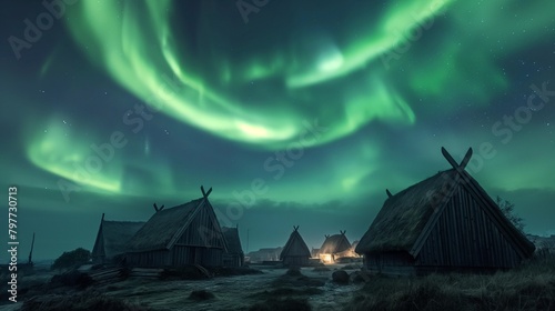 AI-generated illustration of northern lights seen above Norwegian huts at night