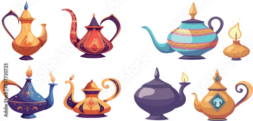 Cartoon arabic jugs. Moroccan teapot or bowl, antique aladdin lamp with genie
