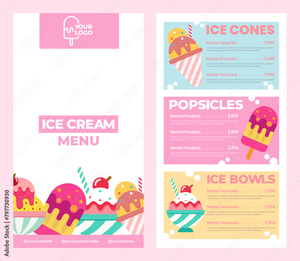Pink Ice cream menu for restaurant or cafe Pink Ice cream menu for restaurant or cafe