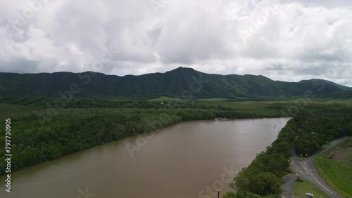 Panoramic Aerial landscape at Queensland Daintree River Natural Reserve brown water canal forest environment, green area photo