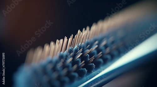 A close-up of a toothbrush head, with bristles arranged in precise patterns for maximum plaque removal, in a dental hygiene ad photo