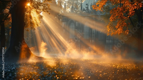 Sunbeams piercing through mist and trees in an autumn forest  creating a mystical and tranquil morning atmosphere.