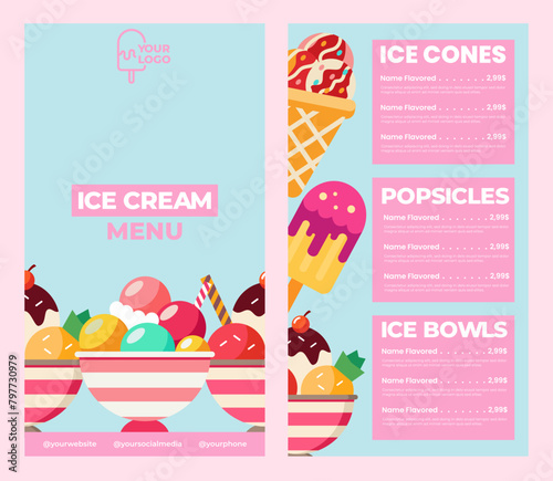Ice cream bowl menu template for restaurant or cafe