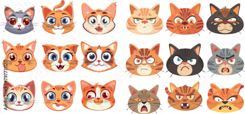 Funny cats face emtions. Cute funny cat characters faces, animals emtion set