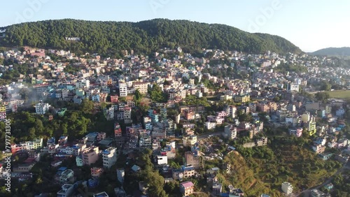 Aerial footage of the cityscape of Tansen on a sunny day in Palpa city in Lumbini in central Nepal