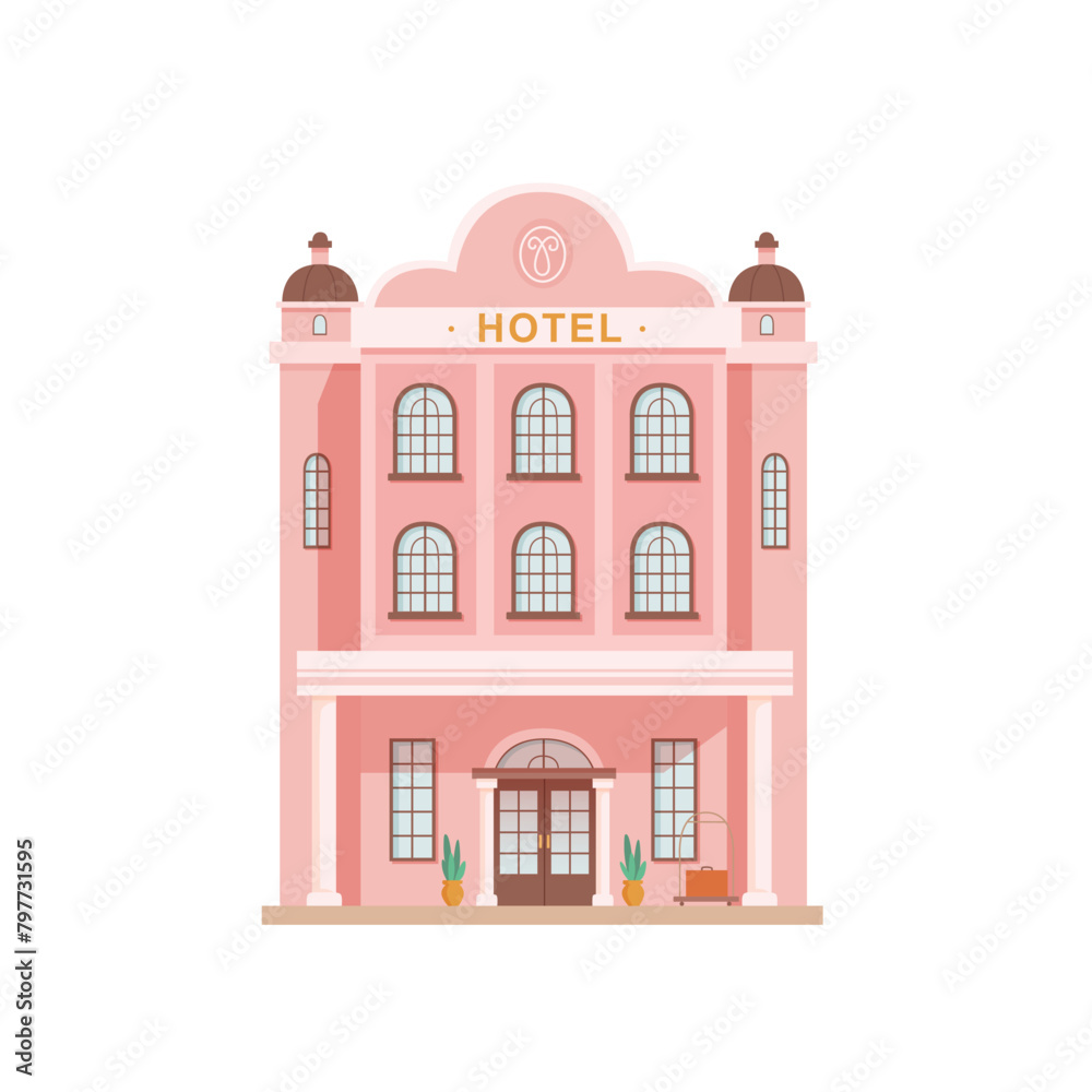 Hotel building vector illustration. Modern five star hotel facade. Front view of entrance in hostel or apartments. Public urban infrastructure infographics