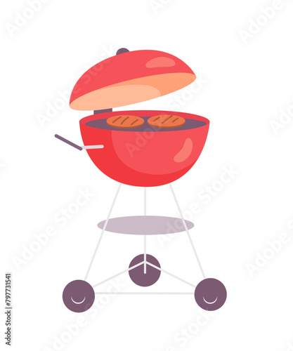 Barbecue grill. Bbq brazier isolated object. Food street equipment for cooking on fire, frying meat, grilling roast, steak, fish, kebab. Home party or picnic. Cartoon vector illustration