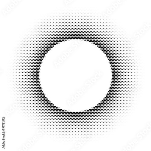 Black abstract circle frame with halftone dots. Vector emblem design element isolated on white background. Round border with dots texture © backup_studio
